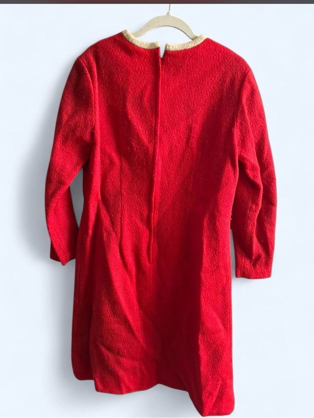 Vintage Red 100% Wool Scalloped Trim Retro Shift Dress Size 15 - Picture 3 of 7